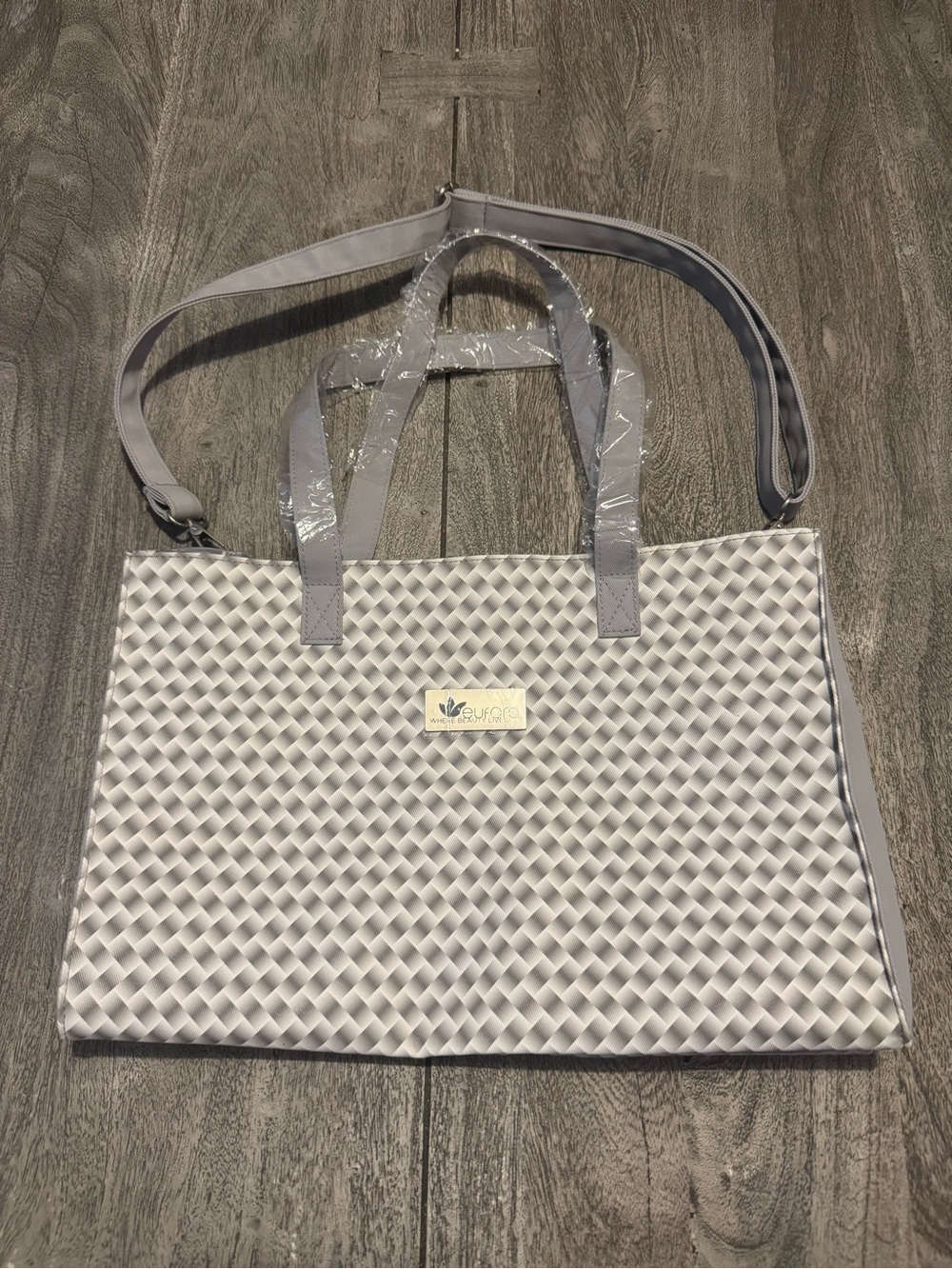 Light Gray Woven Tote Bag with Removable Shoulder Strap